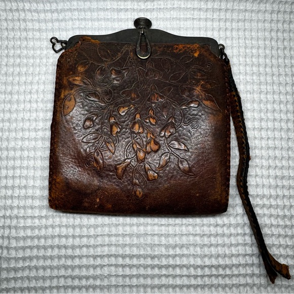 Handbags - Antique 1900s Hand Tooled Leather Purse Art Nouveau Floral Frame Bag